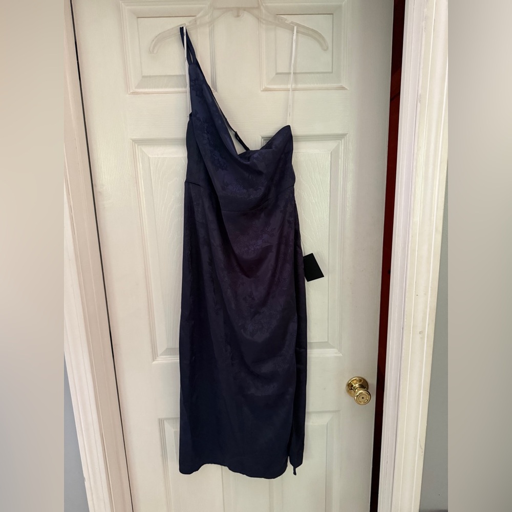 Lulu's Desirable Dream Navy Blue Satin Jacquard Halter Neck Midi Dress - Picture 6 of 6